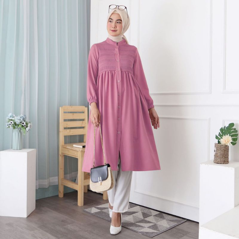 LONG TUNIK WANITA/TUNIK MUSLIM SK077/803 KERUT SMOK