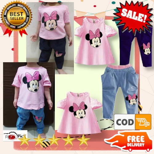 VISION ONLINE-STRIPY MINNIE PINKY SET BAJU DAN CELANA DENIM PANJANG ANAK PEREMPUAN 1 2 3 4 THN MURAH