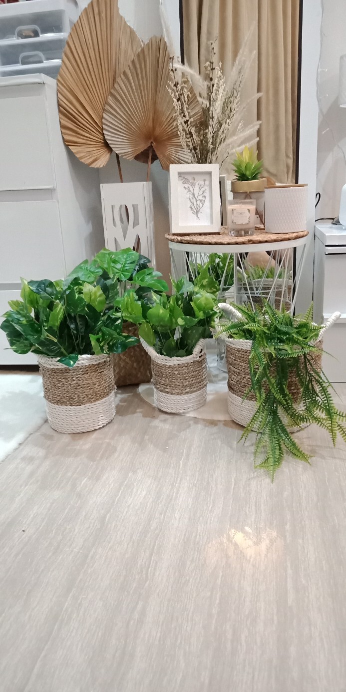 Keranjang Meja Set Isi 3pc White Anyaman Cover Pot Tanaman/scandynavian