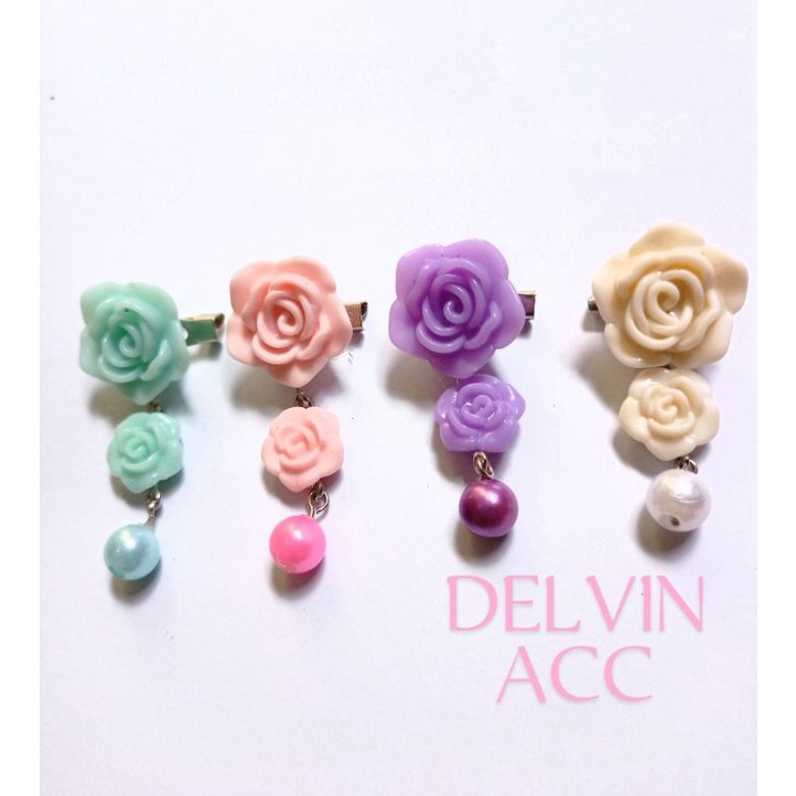 BISA COD Bross Hijab / Bross Dagu Mawar Juntai Mutiara Warna Pastel