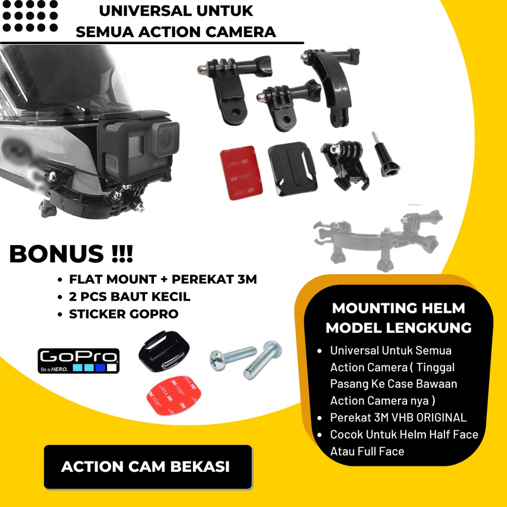 Mounting Helm Gopro Action Camera Helmet Mount Model Lengkung Universal Untuk Helm Half Face / Full 