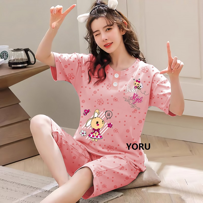Pamelo.id Stelan C3/4 Baby Doll / Suplier Sleep Wear / Baju Tidur Wanita kaos Katun / Stelan Baju Tidur Murah Produk Terlaris Set HP-BunStyle Salem