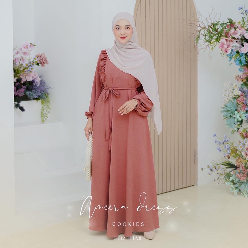 GlizHijab | Ameena Dress | Gamis Remaja Muslimah Terbaru Fashion Wanita Gamis Cringkle Ukuran XS - JUMBO-Cookies
