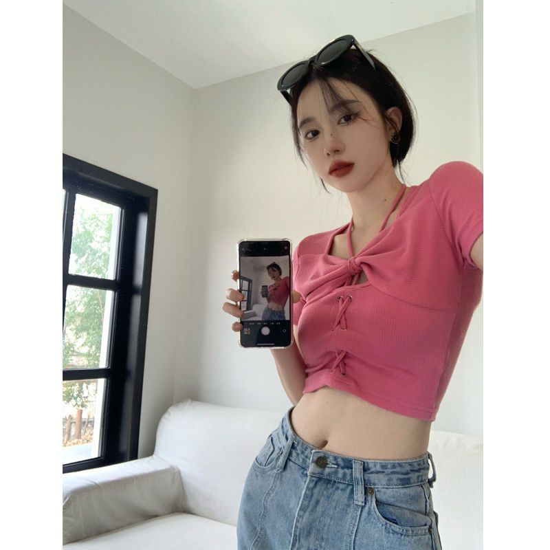 Spice Girls Hang Neck Slim Lengan Pendek T-shirt Wanita Musim Panas Baru Merah Muda Gaya Pendek Tipi