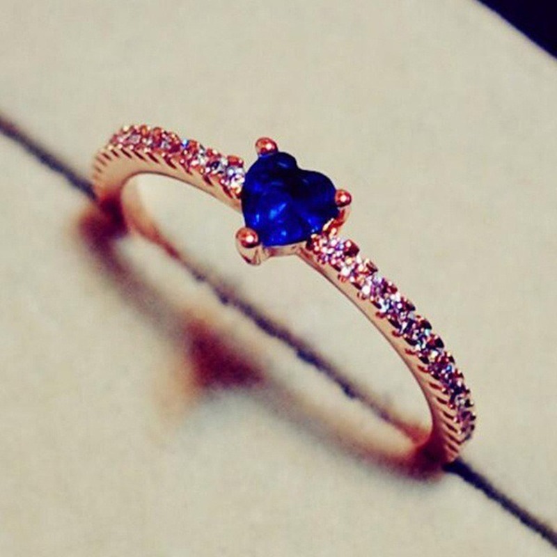 Baru 18K Rose Emas Plated Berbentuk Hati Biru Diamond Cincin Perhiasan