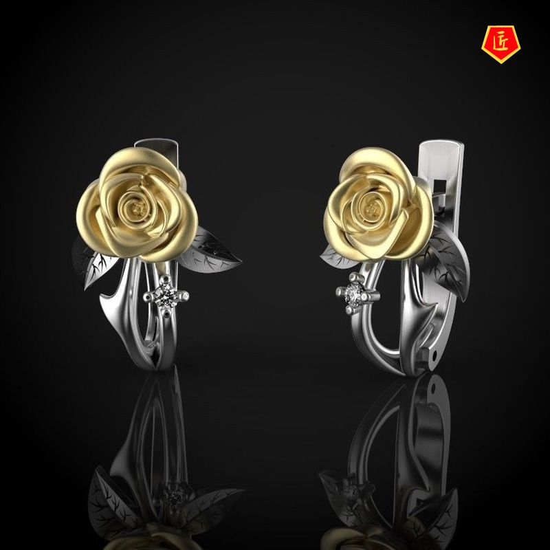 [Ready Stock]18K Gold Two-Tone Rose Earrings