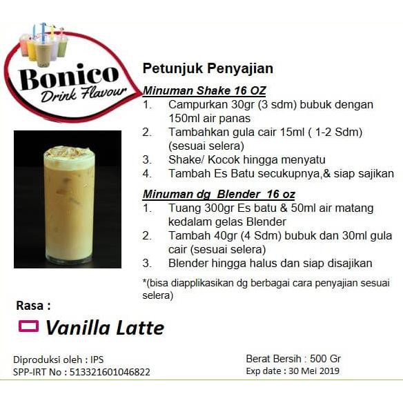 

Teh-Bubuk- BONICO VANILLA LATTE drink powder 500gr Bubuk minuman milk VANILA LATE -Dijamin-Halal.