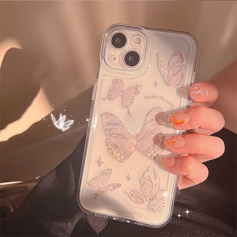 Soft Case TPU Transparan Shockproof Motif Kupu-Kupu Untuk Compatible for iPhone 14 13 12 11 Pro Max X Xr Xs Max iPhone 8 7 6 6s Plus SE 2020 Luxury Butterfly Phone Case Full Transparent Shockproof Soft TPU Silicone Phone Cover