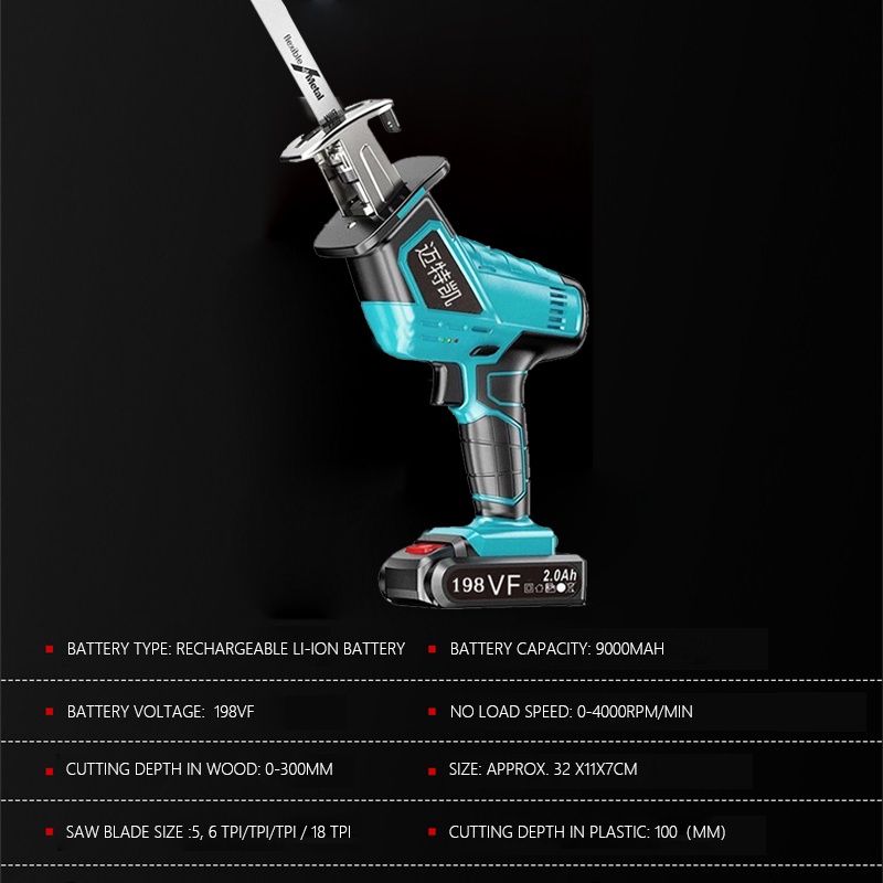 Reaim Cordless Reciprocating Saw 198V Mini Chainsaw Cordless Chainsaw/ mesin gergaji kayu/ gergaji listrik/ gergaji mesin gergaji mesin mini pemotong kayu Termasuk dua baterai