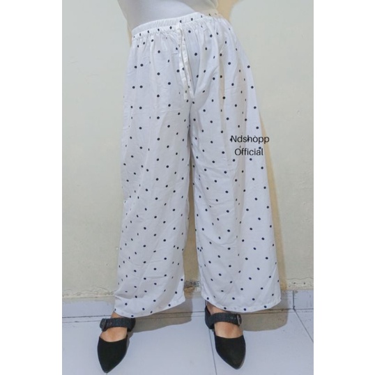 CELANA KULOT PANJANG WANITA TALI POLOS & MOTIF ZEBRA BAHAN RAYON MURAH-Polkadot Putih