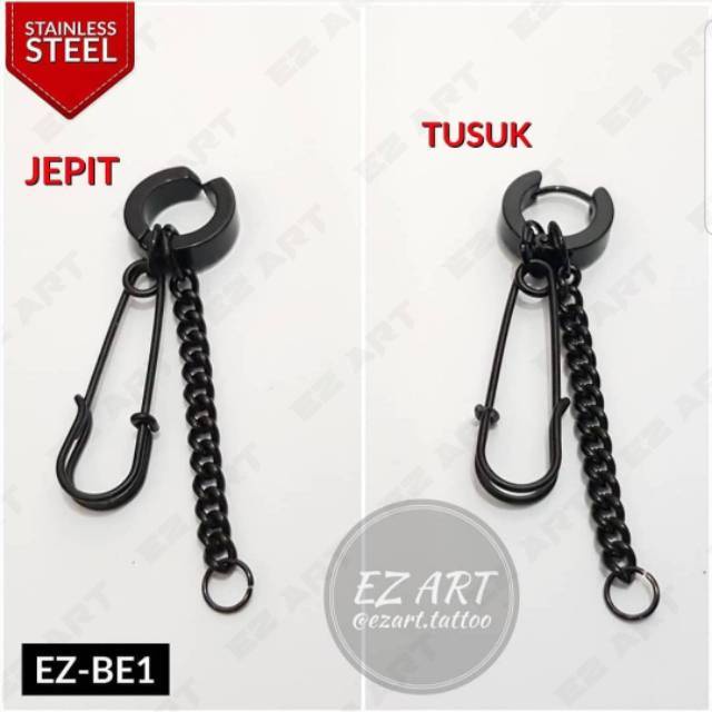 1Pc Model EZ-BE Black Hitam Anting Pria Wanita Jepit/Tusuk Variasi Bandul Peniti Punk Korea KPOP