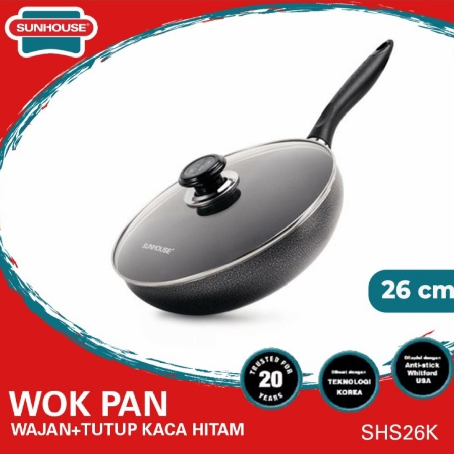 Wajan Penggorengan Wok Pan Sunhouse Tutup Kaca 26 Cm