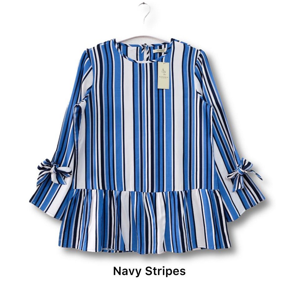 Raina Top Atasan Blouse Muslim Fashion Wanita Terlaris Blouse Wanita Atasan Wanita Blouse Blus Wanita Bluse Wanita by Azhania-Navy Stripes