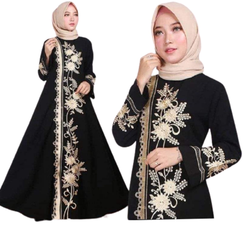 Gamis Abaya Turkey Jetblack Premium Hitam Bordir Motif Bunga Terbaru