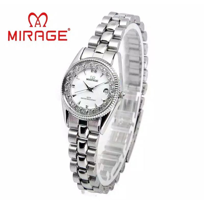 JAM TANGAN WANITA MIRAGE 1580l ORIGINAL WATER RESISITANT_JAM TANGAN CEWEK MIRAGE RANTAI SILVER_JAM TANGAN WANITA TAHAN AIR FITUR TANGGAL JAM TANGAN WANITA MODEL TERBARU SILVER PERMATA FREE BOX DAN BATRAI_JAM TANGAN KASUAL WANITA JAM TANGAN CEWEK MIRAGE