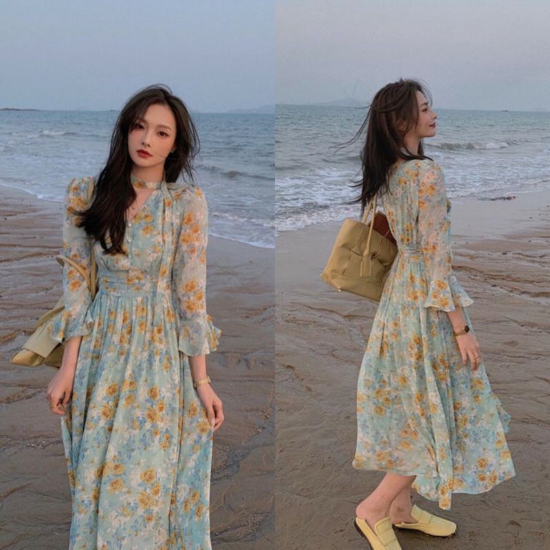 Dress Wanita Korean Vintage Style Lidia Kpop Outfit Kekinian Dress Pantai Beachwear Preweddress Prew