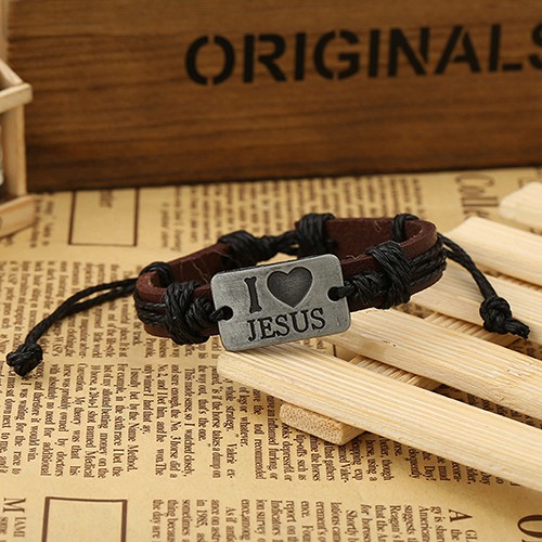 Gelang Unisex: Tulisan I LOVE JESUS Bahan Tali Kulit Rubah Imitasi Yang Dapat Diatur