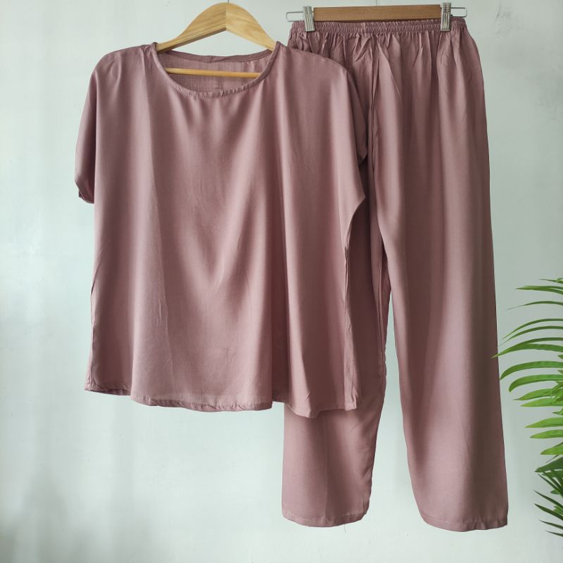BAJU TIDUR POLOS PIYAMA POLOS CELANA PANJANG LENGAN PENDEK BAHAN RAYON babbydoll-POLOS DUSTY UNGU