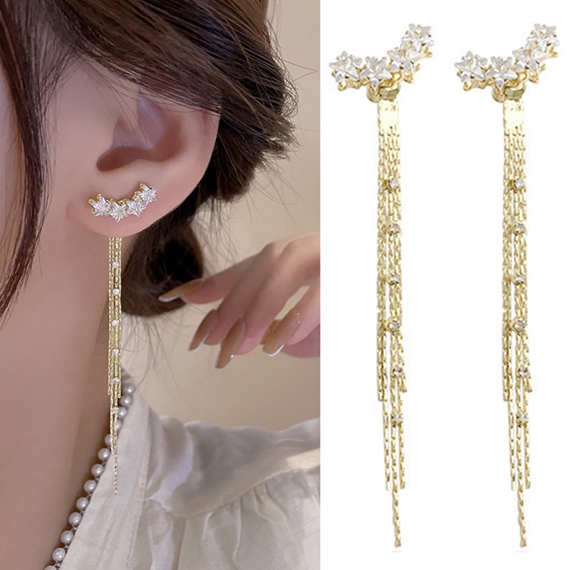 Anting Tusuk Gantung Panjang Desain Bintang Hias Kristal Gaya Klasik Untuk Wanita