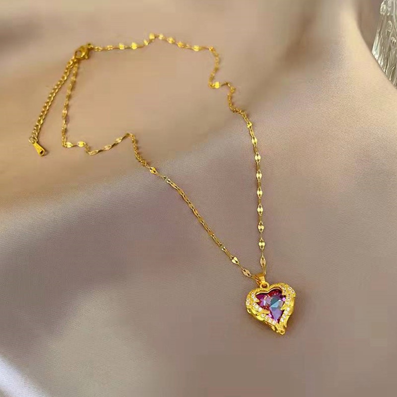 Kalung Titanium Lapis Emas 18k Kristal Hati Sayap Malaikat Wanita Perhiasan