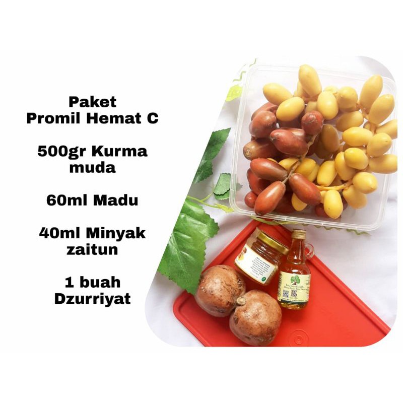 

paket hemat C promil (kurma muda,madu,buah dzurriyat,minyak zaitun)