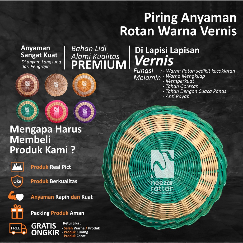Piring Anyaman Rotan Asli VERNIS Warna Warni  Cantik Unik warna Harga murah Grosir