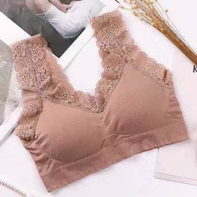 BRGUNIK Bra Wanita Sports Bra V-Neck Aksen Hem Lace Dengan Pad Busa Untuk Yoga / Tidur B052