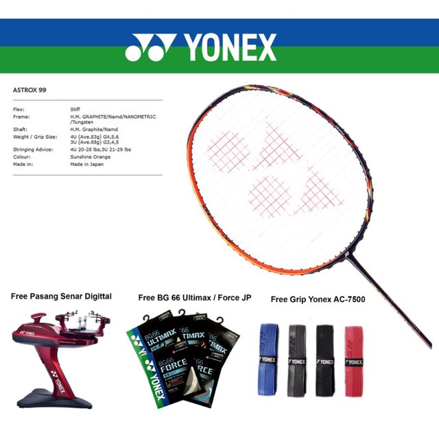 Raket Badminton YONEX ASTROX 99 Original+bonus Senar BG 66 FORCE/Bg 66 ULITMAX JP +Tas ORIGINAL