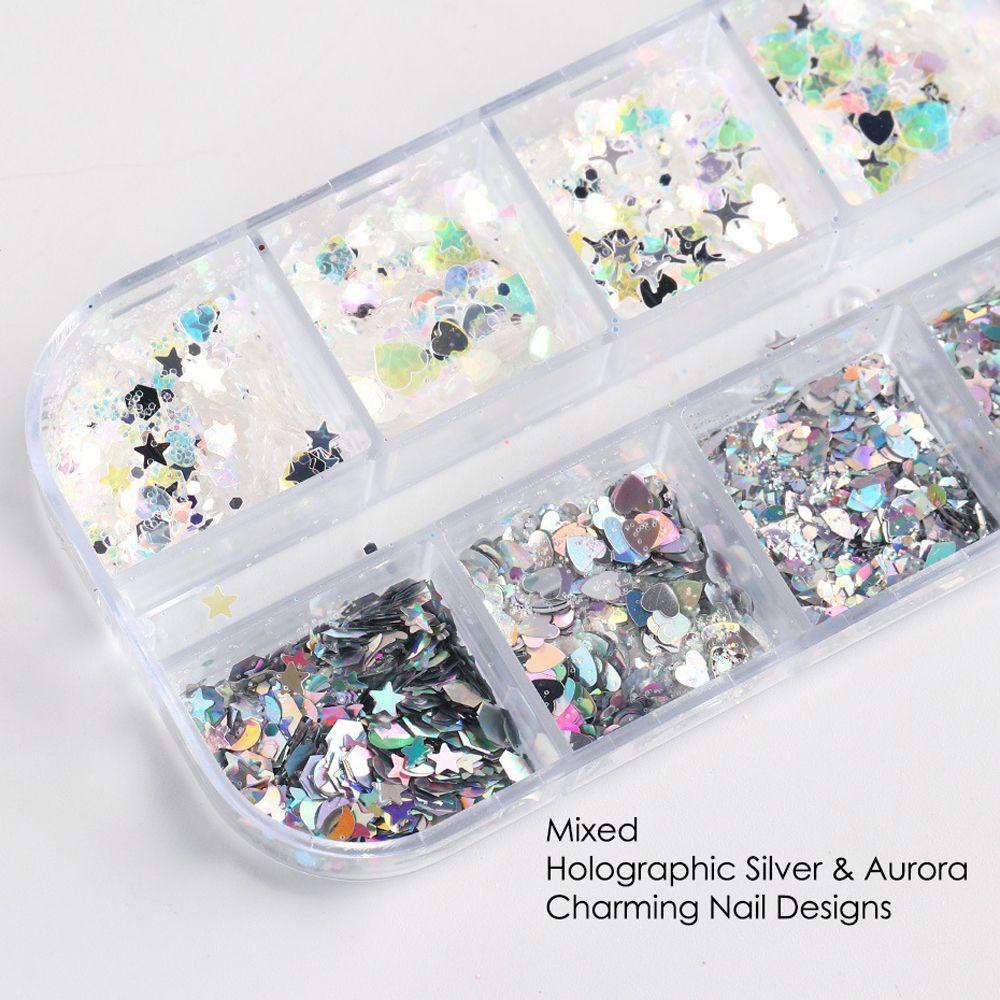 Mxbeauty Hexagon Nail Sequin Laser Mermaid Hologram Cinta Hati Glitter Bulan Manicure Geometris Tubuh Seni Payet