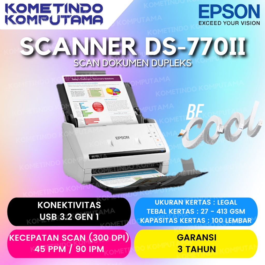 TKDN Epson WorkForce DS-770II A4 Duplex Sheet-fed Document Scanner / A4 Duplex Sheet Fed Colour Scanner Ganti DS770