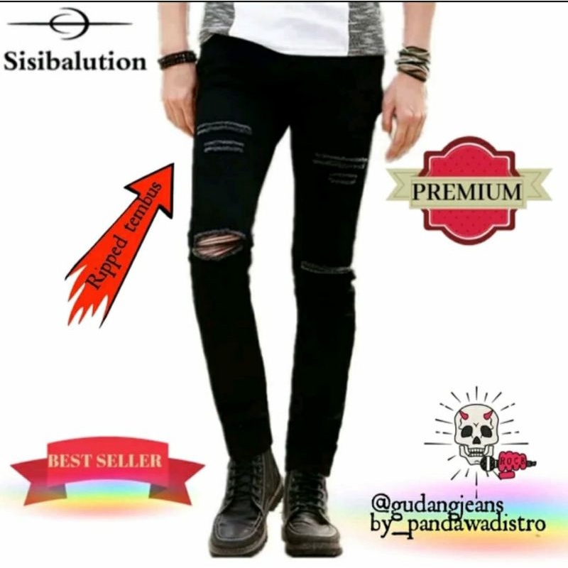 CELANA JEANS SOBEK PRIA RIPPED JINS DENIN ROBEK STRETCH PREMIUM 27-38