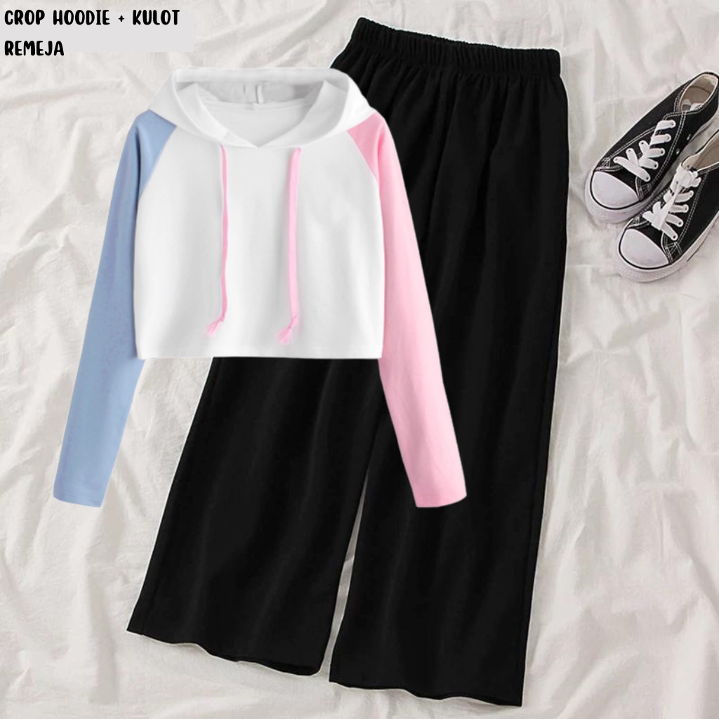 JBF Setelan Crop Hoodie Kombinasi Warna Dan Celana Kulot Remeja / ABG Style Kekinian Baju Korean Style