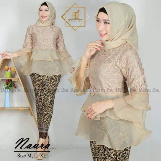 Setelan kebaya brukat mix organza / kebaya modern / set naura / maroon / navy / abu / coksu / gold