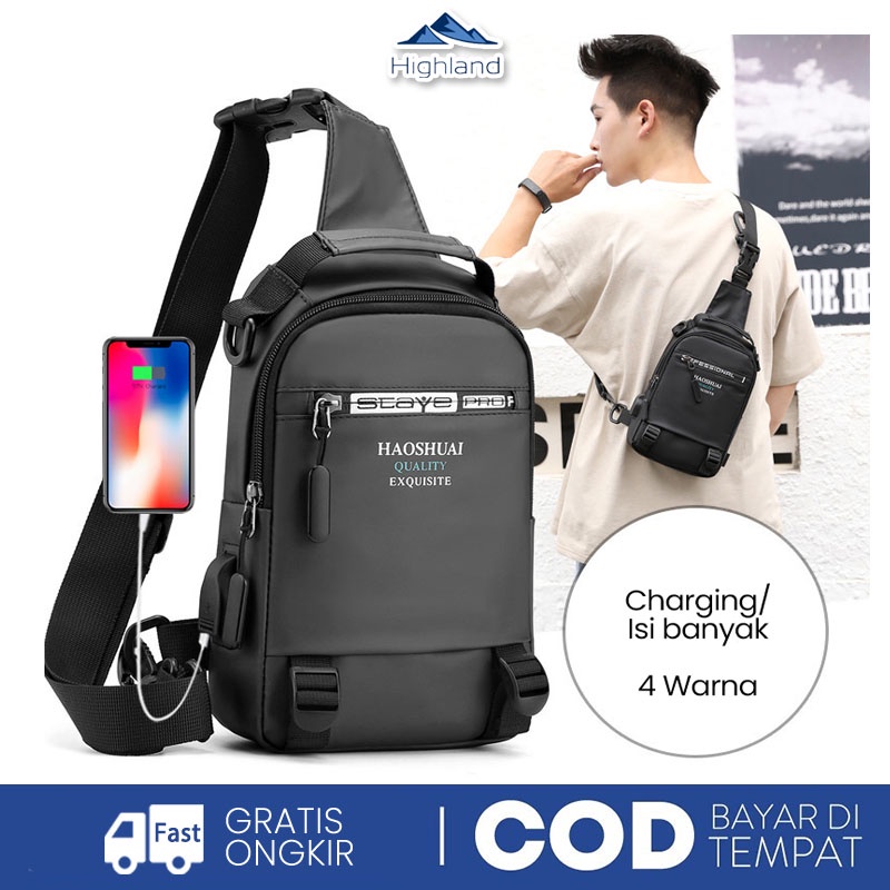 Highland Tas Selempang Pria Casual Slingbag Pria Trendy USB Charge Tas Slempang Cowok TS706