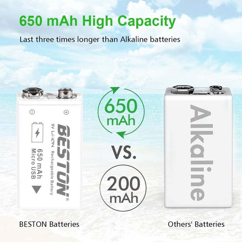 Baterai Isi Ulang BESTON 9V, Baterai Isi Ulang Li-ion 650mAh 9 Volt dengan Pengisian Mikro USB