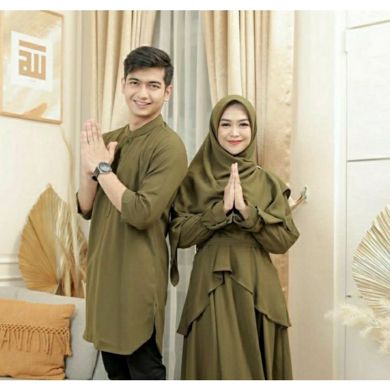 Gamis Muslim Couple - Ricis Couple Setelan Baju Gamis Plus Koko 2in1 - Set CP Lebaran Wanita ORIGINA