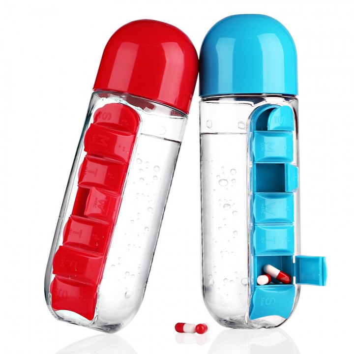 7 Days Pill and Vitamin Organizer BPA Free Water Bottle - Botol Minum dengan Tempat Obat