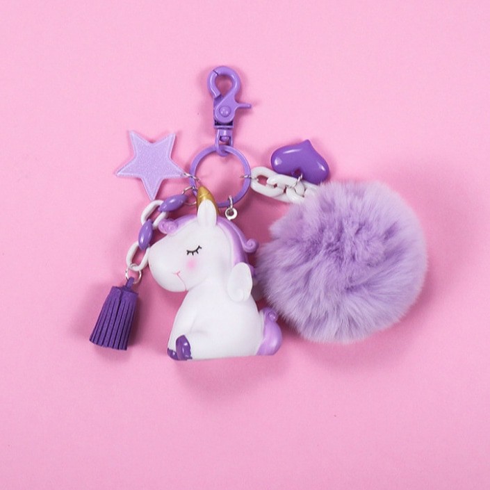 Ganci pom pom bulu unicorn gantungan kunci karakter unicorn anak Lucu