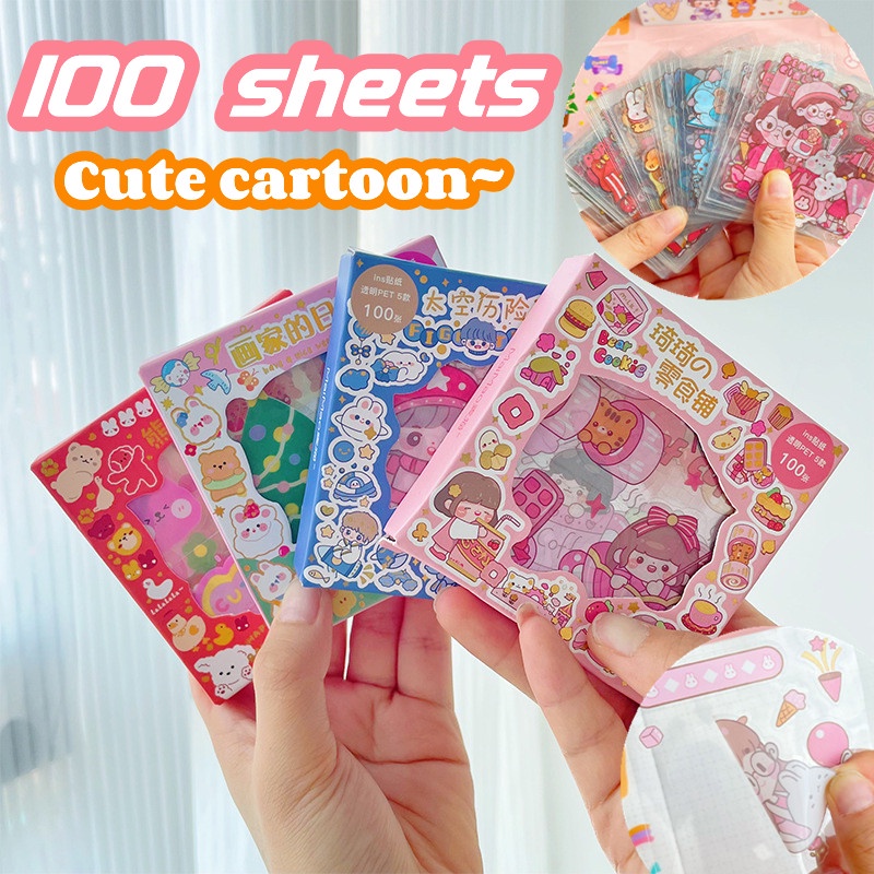 100pcs / Set Stiker Label Motif Kartun Hewan Tahan Air Gaya Korea Untuk Dekorasi Buku Diary Botol Air