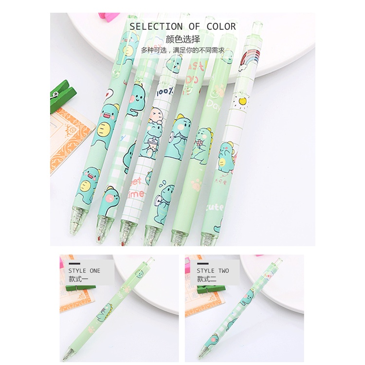 2pcs / Set Pulpen 0.5mm Motif Kartun Dinosaurus Warna Hijau Untuk Sekolah / Kantor