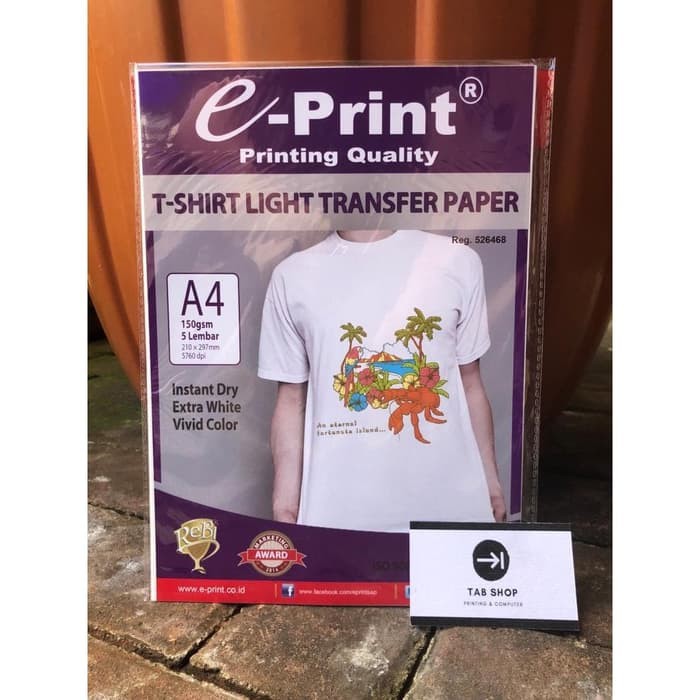 

mh TAB SHOP - EPRINT LHT TSHIRT TRANSFER PAPER A4 150 GSM 5 LEMBAR - E-PRINT KERTAS TRANSFER SABLON