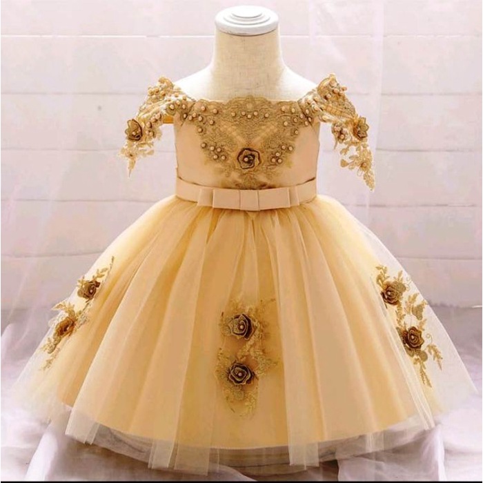 Gaun Anak - Dress Princess Anak Perempuan Pesta Ulang Tahun 1-2 Thn Gold(Preloved)