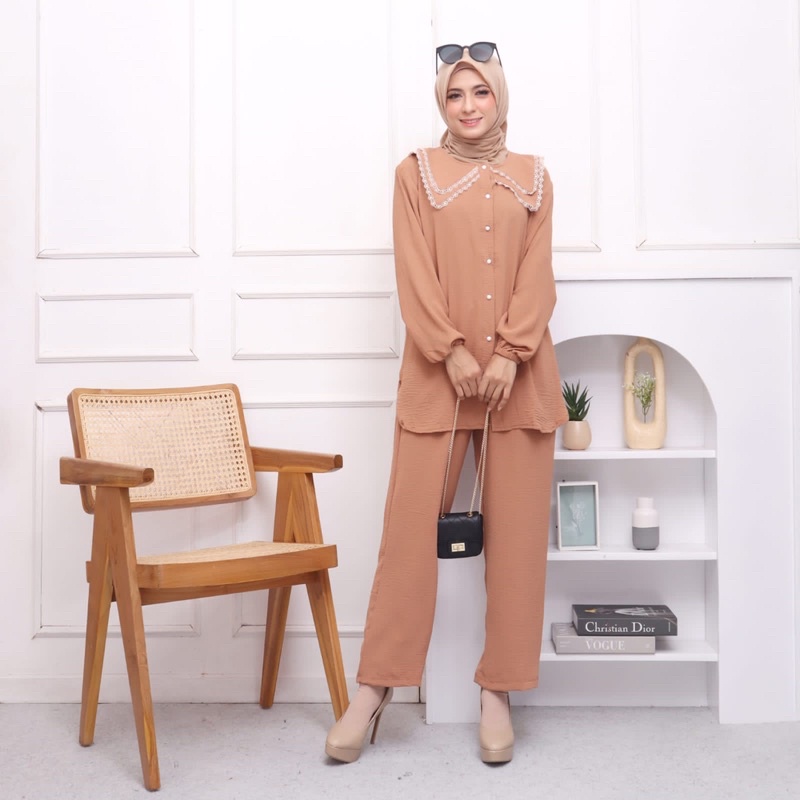 SETCEL STELAN WANITA DOUBLE COLLAR CRINKLE RENDA JUMBO XXL BUSUI BUMIL KANCING MURAH POLOS MUSLIM MEWAH