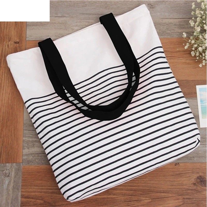 Tote Bag Wanita Pakai Resleting Tas Totebag Garis Murah Kanvas
