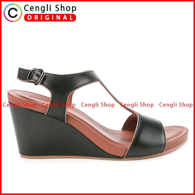 SANDAL WEDGES KULIT OBERMAIN WANITA ORIGINAL SLINGBACK ASLI HITAM OW07