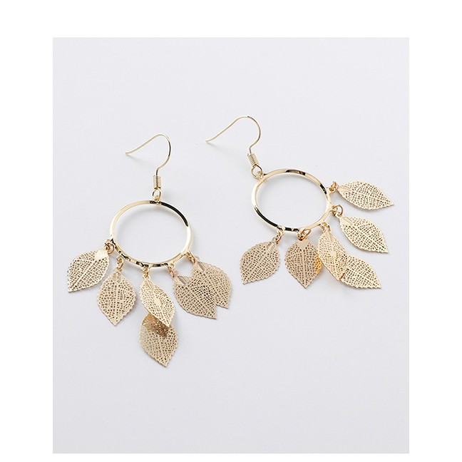 LRC Anting Gantung Fashion Gold Fringed Geometric Circle Openwork Leaf Earrings D20858