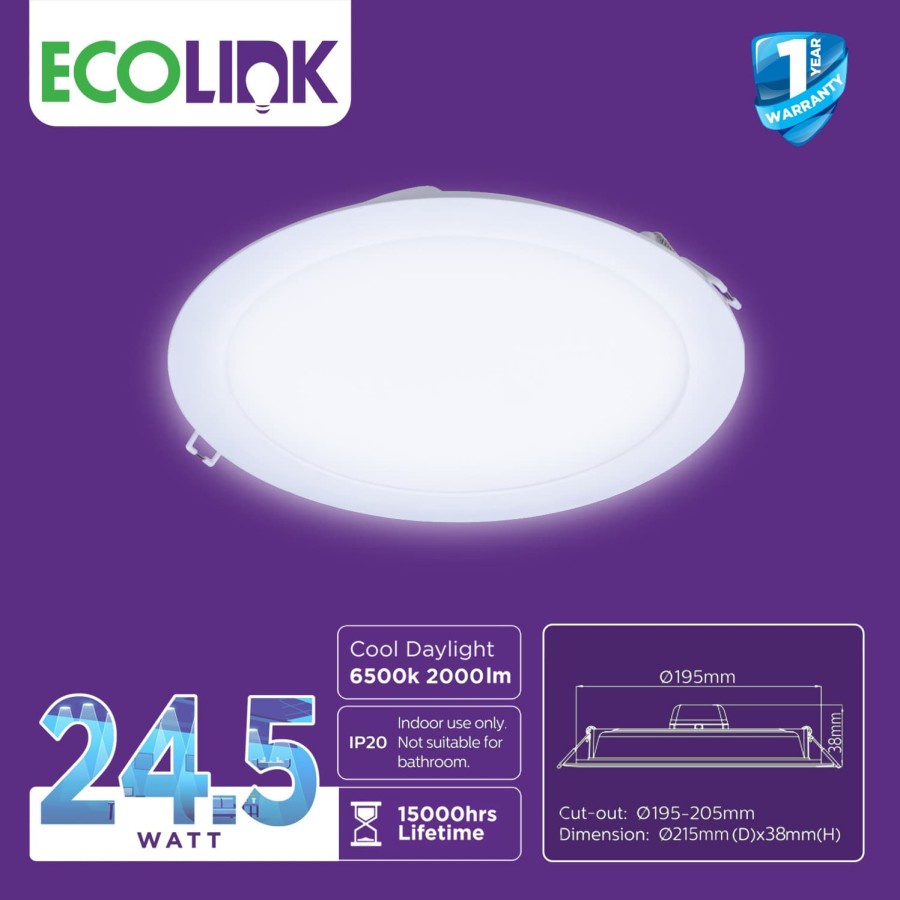 PROMO Lampu Downlight LED Ecolink 24.5W 24.5 Watt EDN020B Panel Light Hias Ib 8 inch D200 Ac 220v SNI Original  - Cool White (Putih)