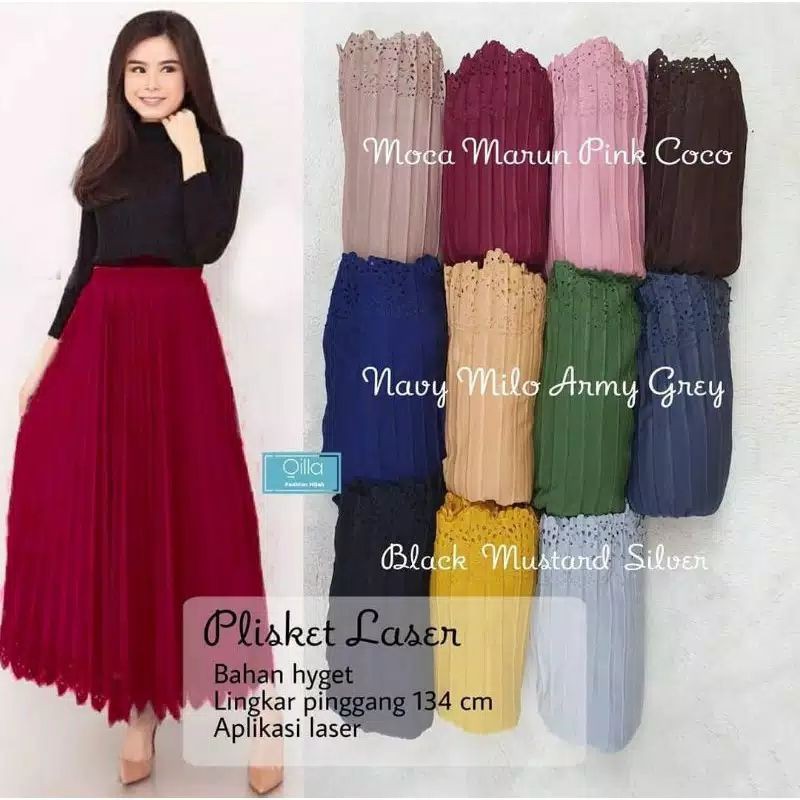 QILLA ROK PLISKET LASER MAYUNG | ROK CUT MOTIF LASER | PLEATED FLARE SKIRT LASER