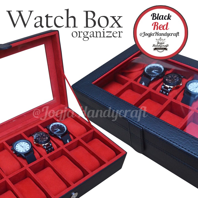 Black Red Watch Box Organizer For 12 Watches