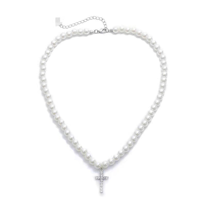 Glitter Imitation Pearls Chain Vintage Artificial Diamond Cross Pendant Necklace Jewelry